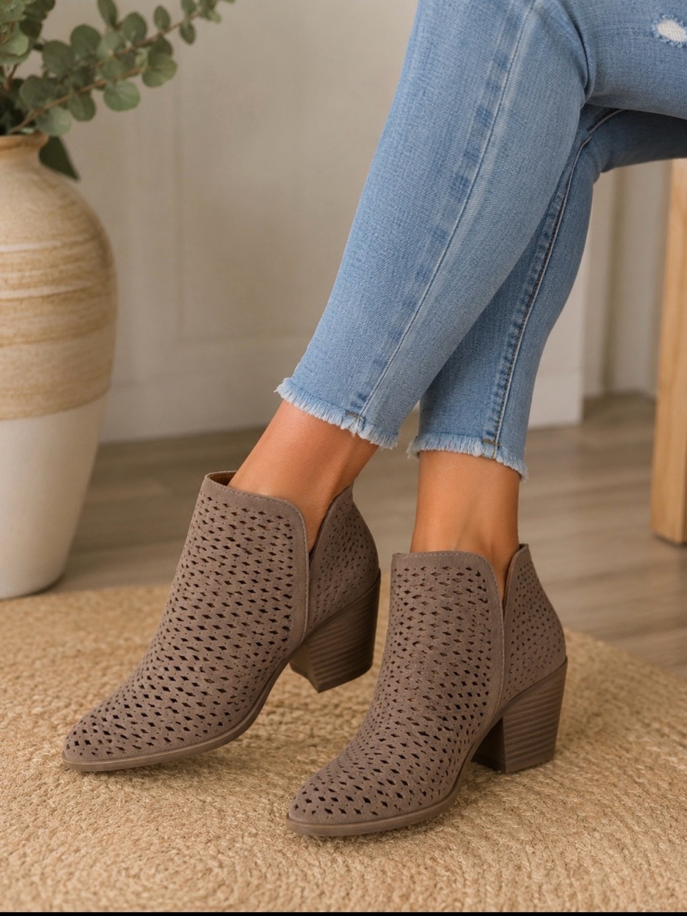 Lucky Brand Taupe Perforated Block Heel Ankle Booties